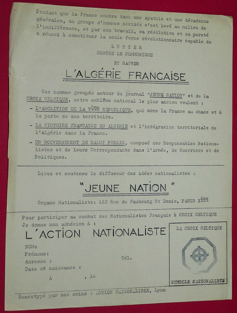 Dans nos archives : un tract de Jeune nation édité par le groupe lyonnais Action nationaliste.