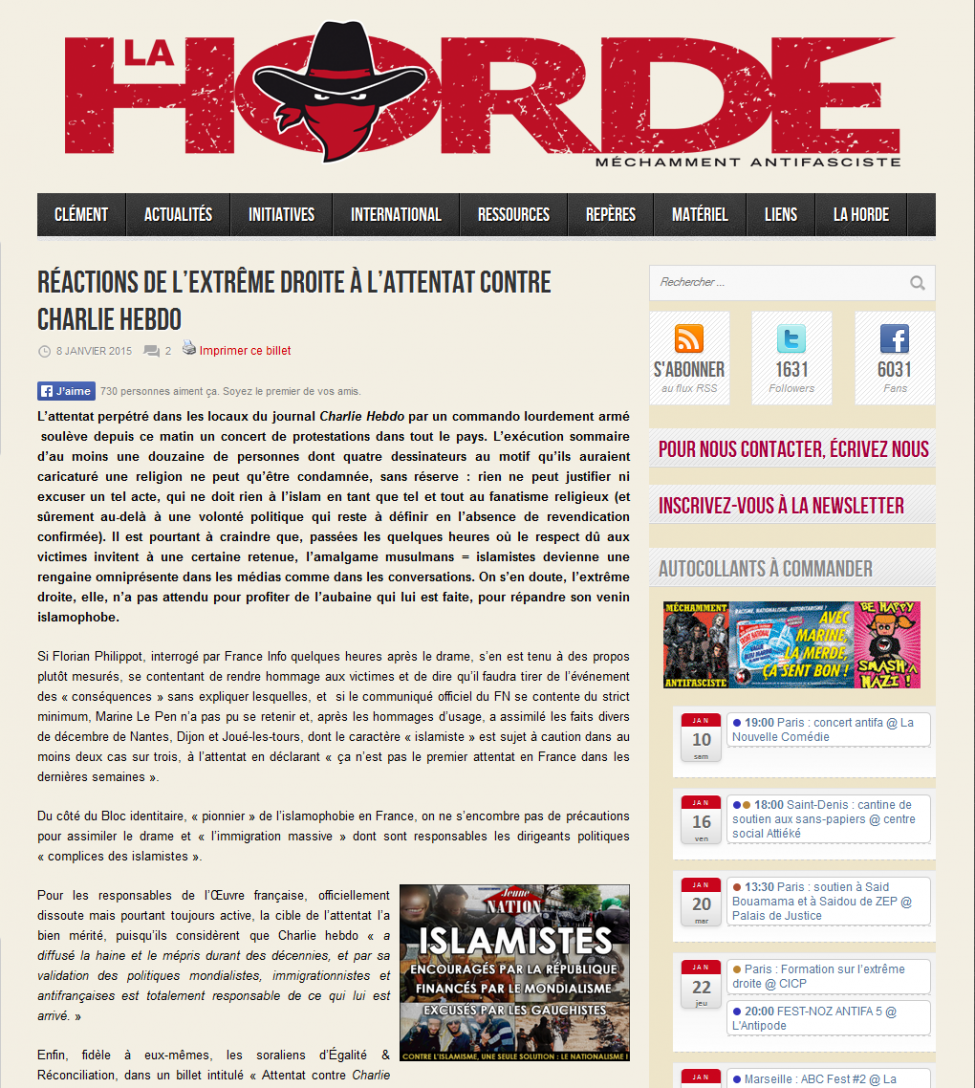 Grâce à l’affaire « Charlie hebdo », Jeune nation cité par le site antifasciste La Horde !