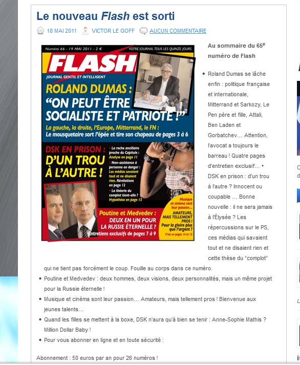 [NPI faisant la promotion de Flash – au comité éditorial très proche – faisant lui-même la promotion de Roland Dumas]
