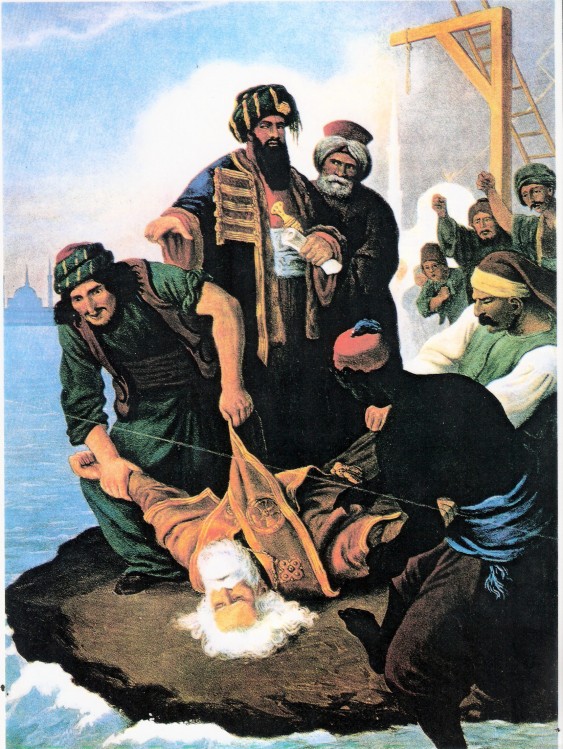 Le corps de Grégoire V jeté dans le Bosphore par les Juifs de Constantinople. Illustration de Peter von Hess