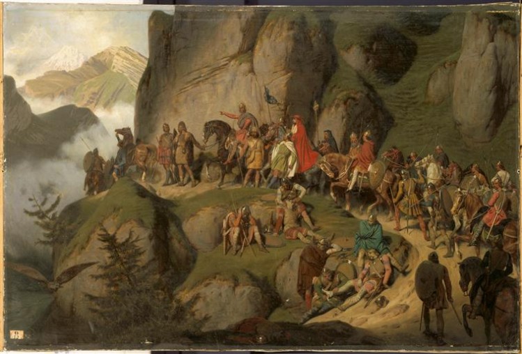 Eugène Roger, Charlemagne traverse les Alpes pour aller combattre Didier, roi des Lombards, 773, (1837)