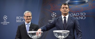 Former Serbian midfielder and 2016 UEFA Champions League final ambassador Dejan Stankovic (R) and UEFA director of competitions Giorgio Marchetti hold the semi-final draw for the UEFA Champions League at the UEFA headquarters in Nyon on April 15, 2016.   AFP PHOTO / FABRICE COFFRINI / AFP PHOTO / FABRICE COFFRINI